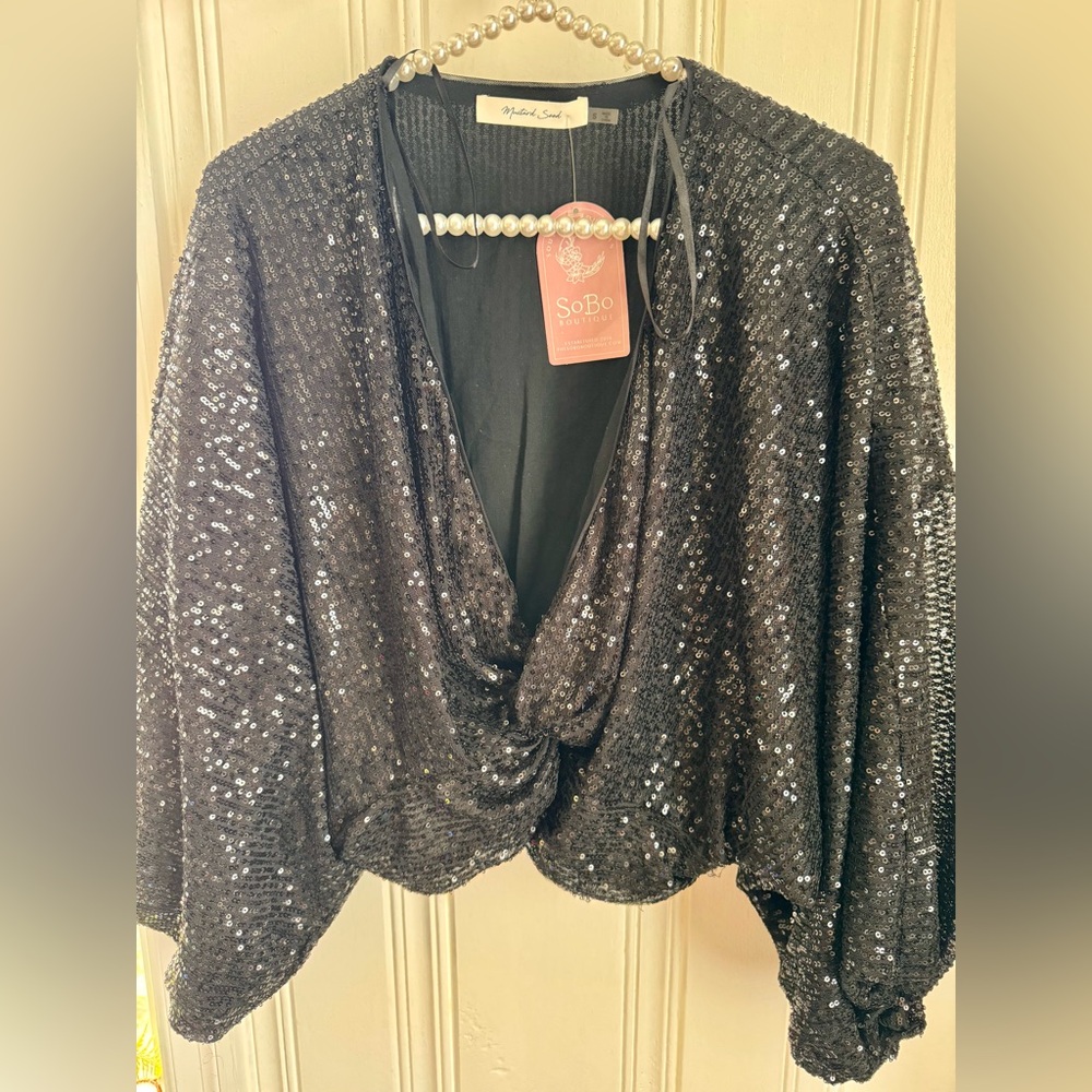 Mustard Seed Black Sequin Shrug Cardigan